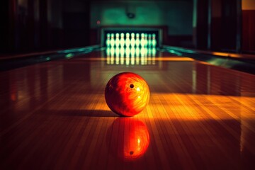 Poster - A bowling ball rests on a polished lane, illuminated by soft lighting, ready for a game.
