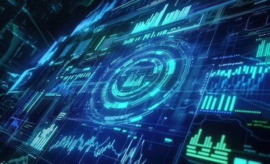 Aufkleber - A futuristic digital interface displaying data analytics and visualizations.