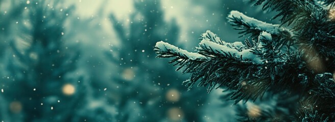 Poster - A serene winter scene with snow-covered pine branches and soft falling snowflakes.