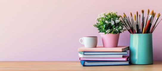 Aufkleber - A cozy workspace featuring books, a cup, a plant, and art supplies.