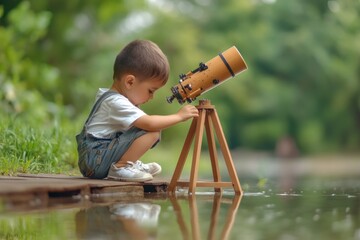Aufkleber - A young child observes nature with a telescope by a serene water body.