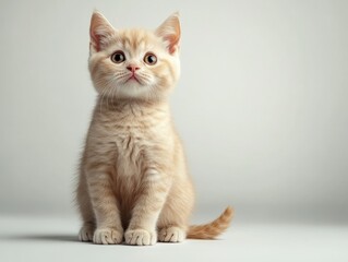 Poster - A cute, fluffy orange kitten sitting against a neutral background, looking curiously at the viewer.
