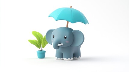 Poster - A cute cartoon elephant with an umbrella beside a potted plant.
