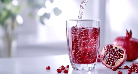 Poster - A glass of sparkling pomegranate drink being poured, surrounded by fresh pomegranate fruit.
