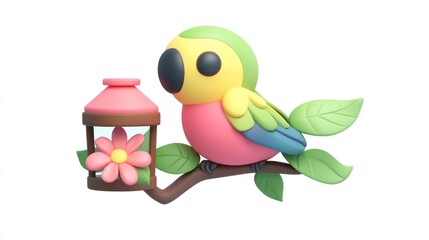 Poster - A colorful cartoon bird perched on a branch with a flower and a lantern.