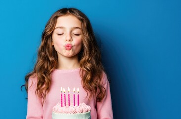 Poster - A girl blows a kiss at a birthday cake with candles against a blue background.