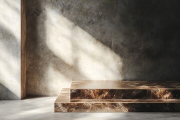 Aufkleber - A minimalist interior featuring marble platforms and textured walls with natural light.