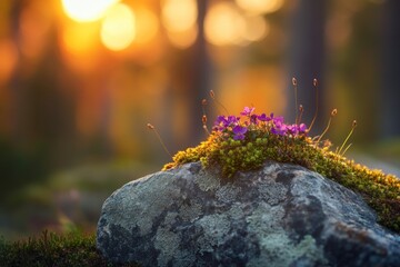 Poster - A vibrant cluster of purple flowers on a mossy rock, illuminated by soft sunset light.