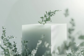 Aufkleber - A minimalist scene featuring a cube with a plant sprouting from it amidst soft greenery.