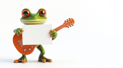 Poster - A cartoon frog holding a guitar and a blank sign, ready for a fun performance.
