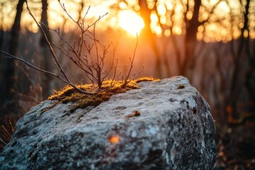 Poster - A sunlit rock with a small branch and moss, set in a tranquil forest scene.