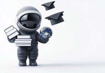 Poster - A cartoonish astronaut holds books and the Earth, with graduation caps floating above.
