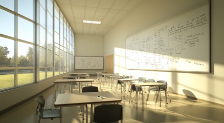 Aufkleber - A bright classroom with desks, chairs, and whiteboards, ideal for learning and collaboration.