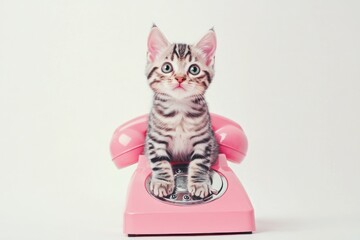 Poster - A playful image of a kitten sitting on a pink rotary phone.