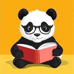Poster - A cute panda wearing glasses reads a book against a bright yellow background.