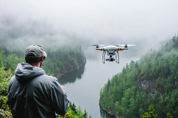 Fototapete - A person operates a drone over a misty lake surrounded by lush greenery.