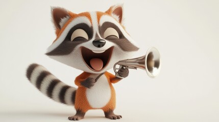 Poster - A cheerful cartoon raccoon holding a trumpet, expressing joy and excitement.