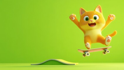 Poster - A playful orange cat skateboards joyfully against a vibrant green background.