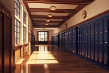 Aufkleber - A well-lit school hallway with lockers and wooden accents.