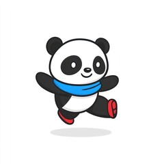 Leinwandbilder - A cute cartoon panda with a blue scarf, joyfully running.