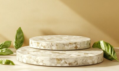 Poster - Two circular stone platforms with leaves against a beige background.