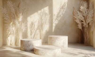 Poster - A serene interior with circular stone tables and dried plants, creating a tranquil atmosphere.
