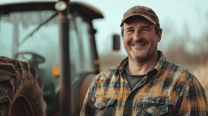 Wall Mural - a smiling middle aged farmer standing next to a tractor on a field