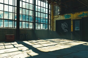 Poster - Sunlight streams through large windows in an industrial space with graffiti and shadows.