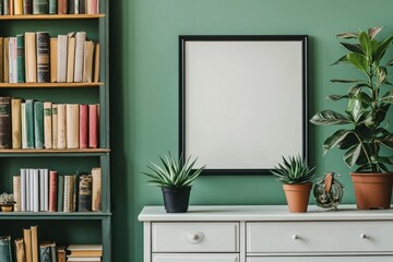Poster - A cozy interior featuring bookshelves, plants, and a blank frame on a green wall.