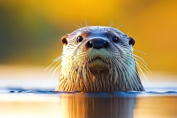 Aufkleber - A close-up of an otter's face emerging from water, illuminated by a warm background.