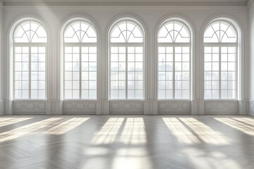 Poster - A bright, spacious interior with large arched windows casting shadows on the wooden floor.