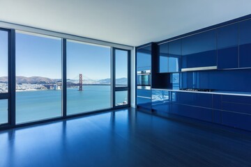 Poster - Modern kitchen with blue cabinetry and stunning bay views.