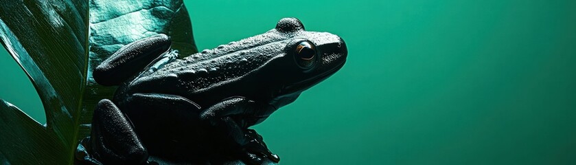 Poster - A close-up of a black frog perched on a leaf against a green background.