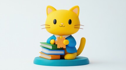 Poster - A cheerful yellow cat figurine holding a puzzle piece beside stacked books.