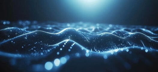 Aufkleber - Abstract digital landscape with glowing waves and particles, representing data and technology.