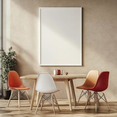 Poster - A modern dining area featuring a round table and colorful chairs against a textured wall.