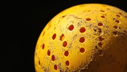 Aufkleber - A close-up of a worn yellow ball with holes, likely used in sports.