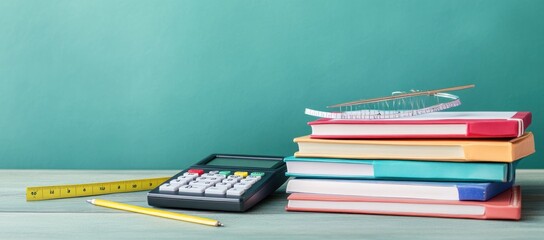 Poster - A collection of school supplies including books, a calculator, and a ruler on a desk.
