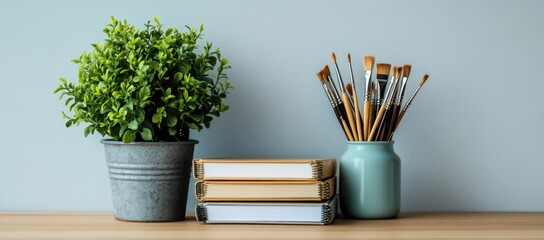 Aufkleber - A serene workspace featuring a potted plant, paintbrushes, and stacked books on a shelf.