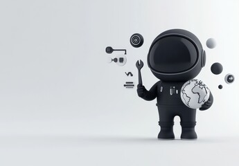Poster - A cartoon astronaut holding a globe and a wrench, surrounded by various icons and symbols.