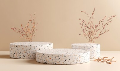 Fototapete - Three circular terrazzo pedestals with dried flowers, set against a neutral background.