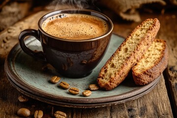 Poster - A steaming cup of coffee with biscotti on a rustic plate, evoking warmth and comfort.