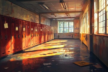 Poster - A sunlit, abandoned school hallway with red lockers and scattered debris.