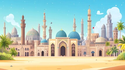 Islamic City Urban landscape with traditional buildings on cartoon background with architectural objects.