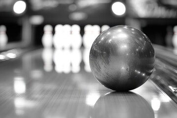 Poster - A bowling ball rests on a polished lane, with pins blurred in the background.