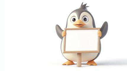Poster - A cute cartoon penguin holding a blank sign, ready for messages or announcements.
