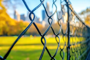 Poster - A close-up of a chain-link fence with a blurred city skyline and green field in the background.