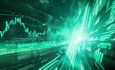 Poster - Abstract digital visualization of data analysis with green tones and dynamic graphs.