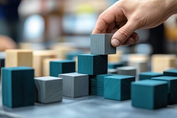 Aufkleber - A hand stacking wooden blocks of various colors and sizes on a table.