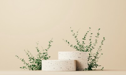 Aufkleber - Minimalistic display of two textured circular objects surrounded by green foliage on a neutral background.